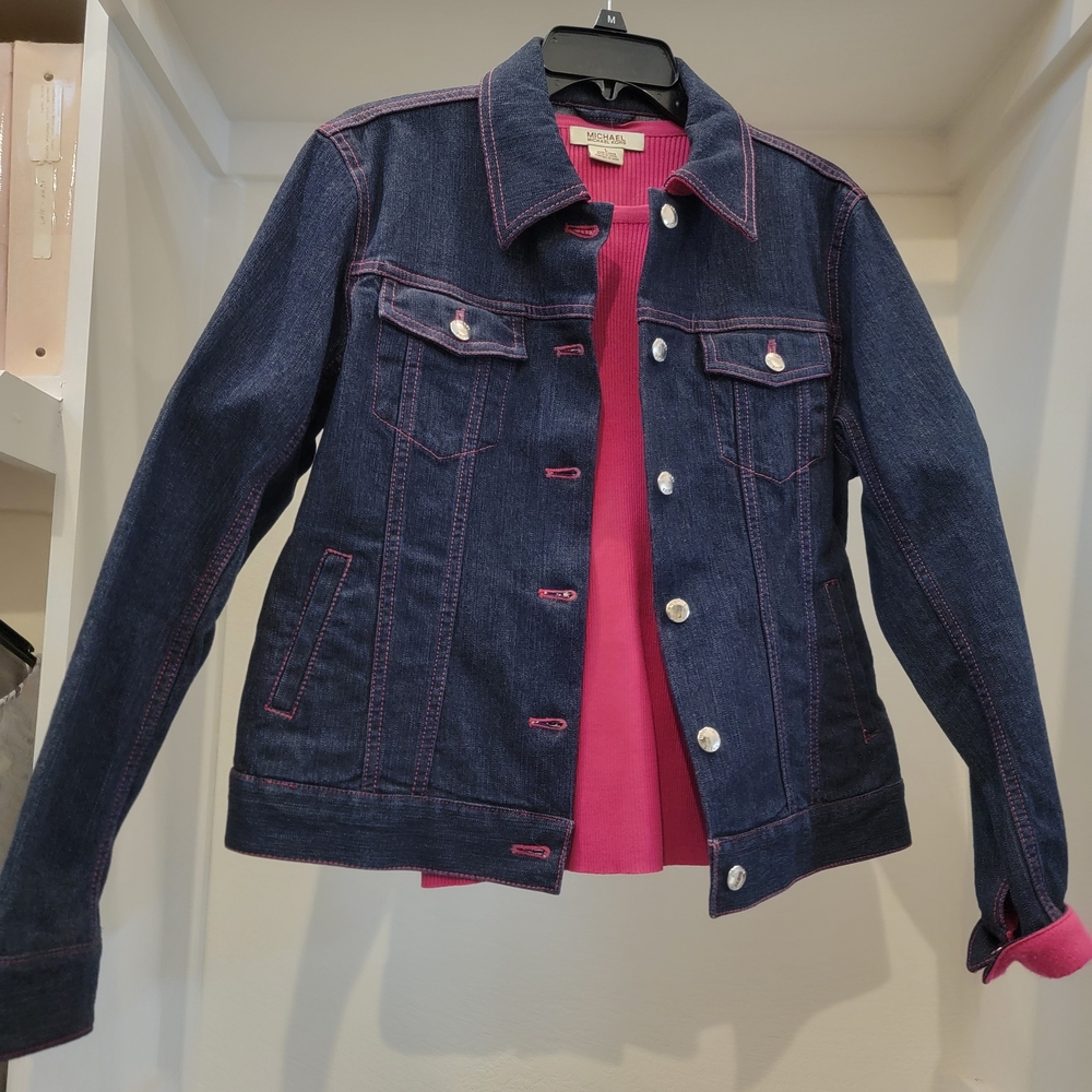Michael Kors Dark Blue Jean Jacket with Pink Stitching